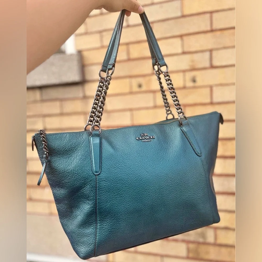Coach Ava Chain Tote – Metallic Teal Pebble Leather